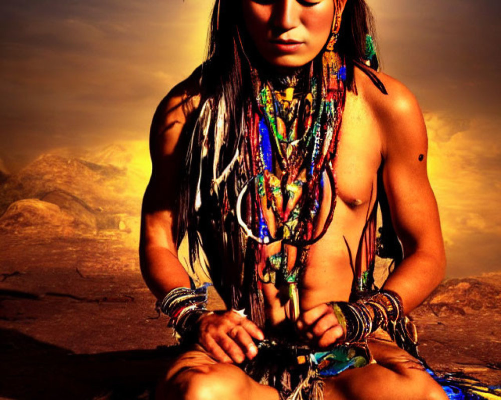 Native American person in traditional attire against desert backdrop