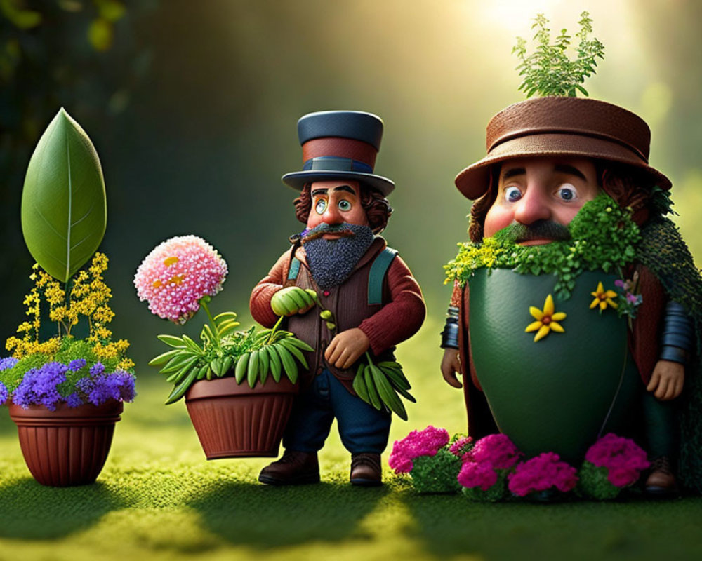 Whimsical plant and flower characters in vibrant flora scene