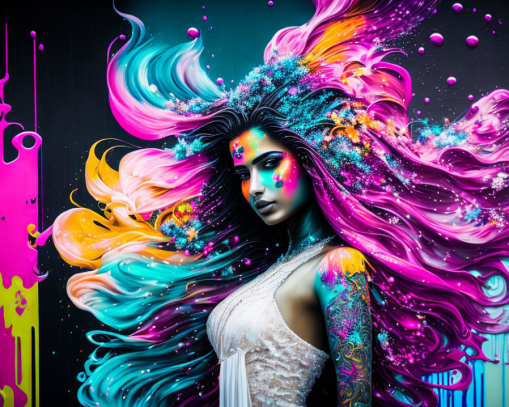 Colorful digital artwork: Woman with flowing hair and abstract paint splashes