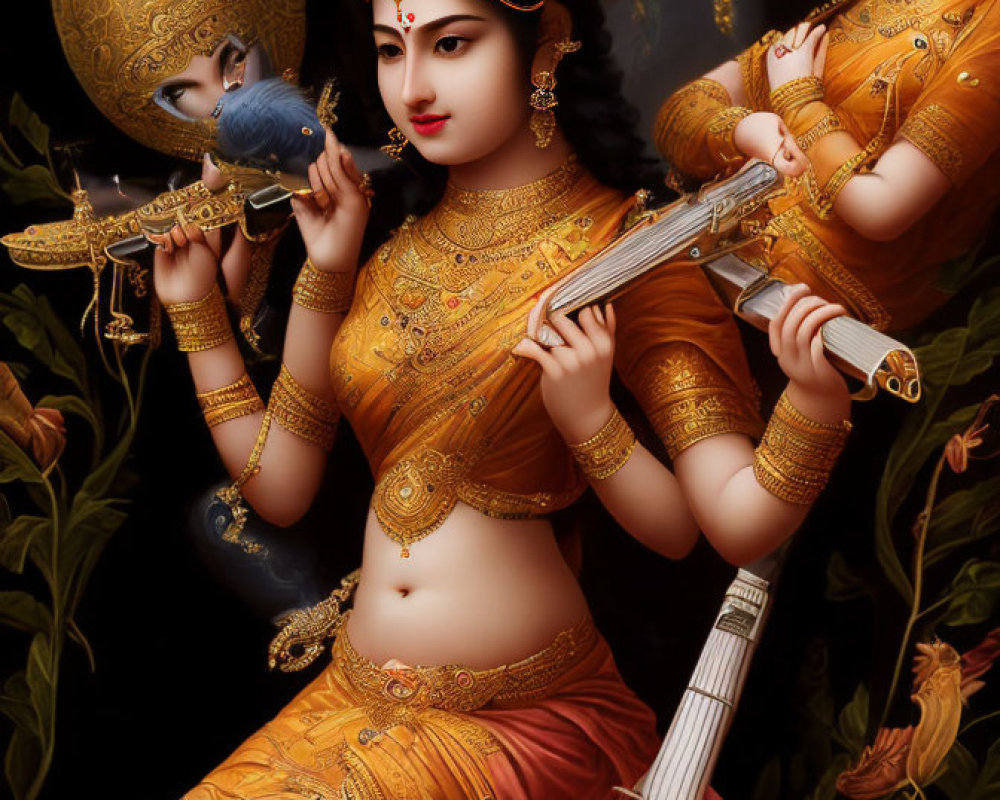 Intricate artwork of woman with multiple arms playing instrument surrounded by peacock and celestial figures