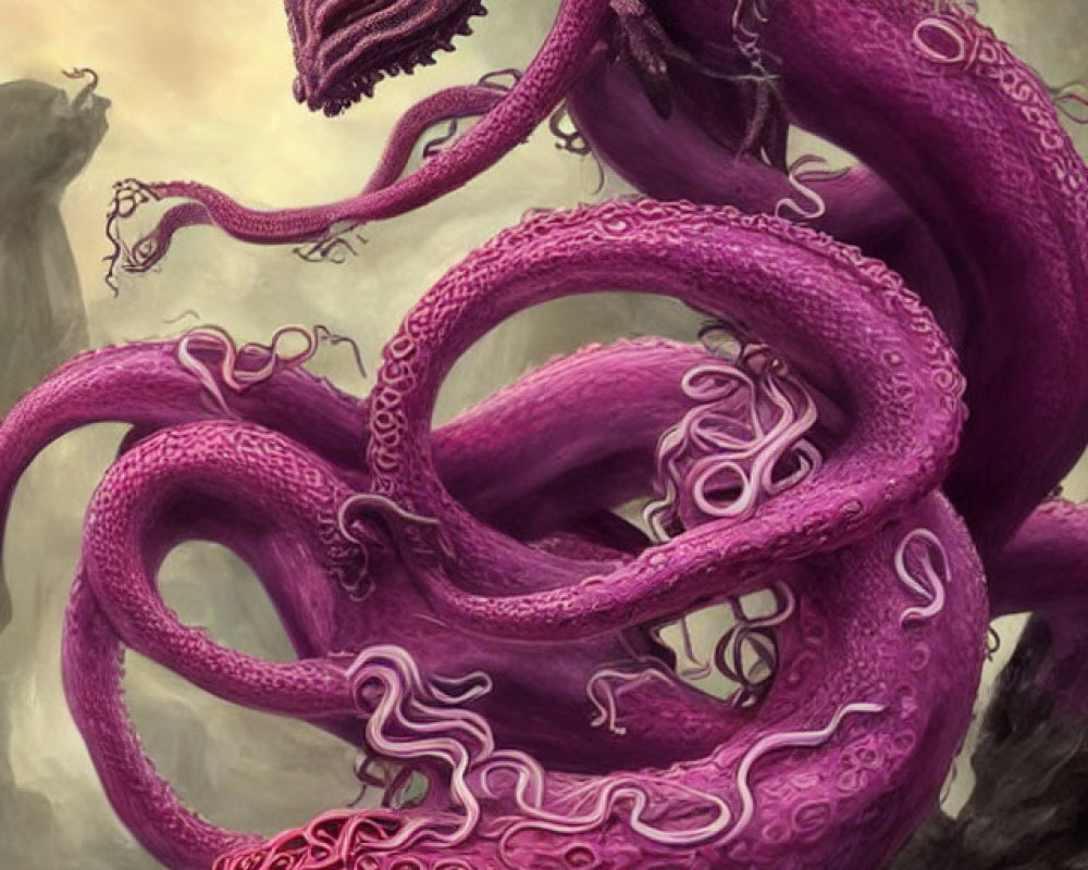 Purple dragon with swirling tentacles in misty backdrop