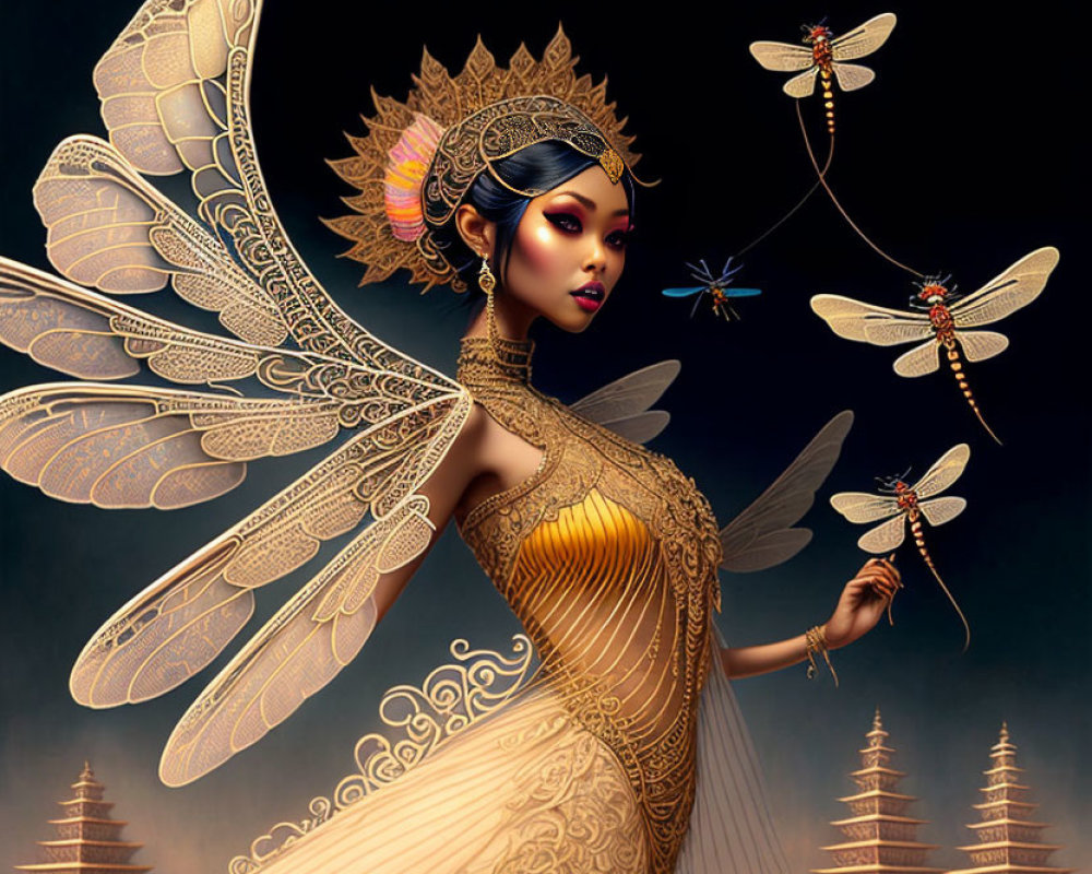 Fantasy figure with golden wings in twilight scene