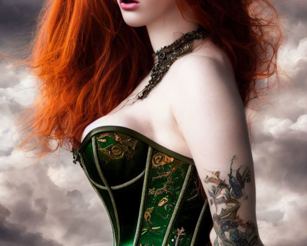 Red-haired woman with tattoos in green corset under cloudy sky.