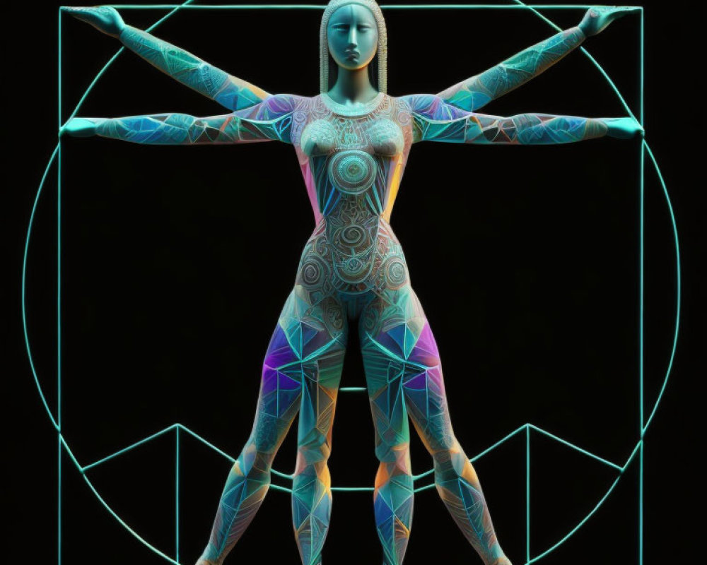 Neon-patterned humanoid figure in geometric shapes