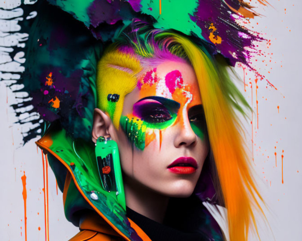 Colorful portrait with vibrant makeup and paint splatter background in yellow, orange, green, and purple