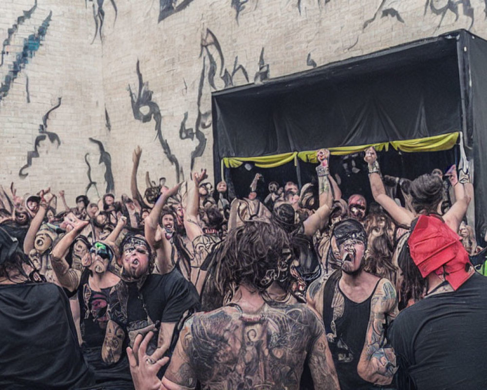 Crowd at Outdoor Concert with Tattoos and Raised Fists