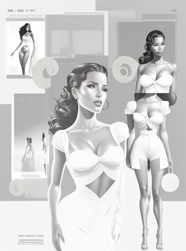 Grayscale fashion illustrations of stylized female model in various poses.