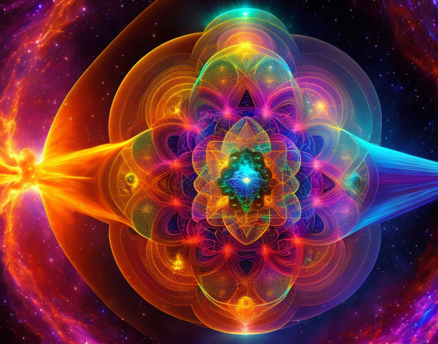 Symmetrical fractal pattern with neon colors on cosmic backdrop