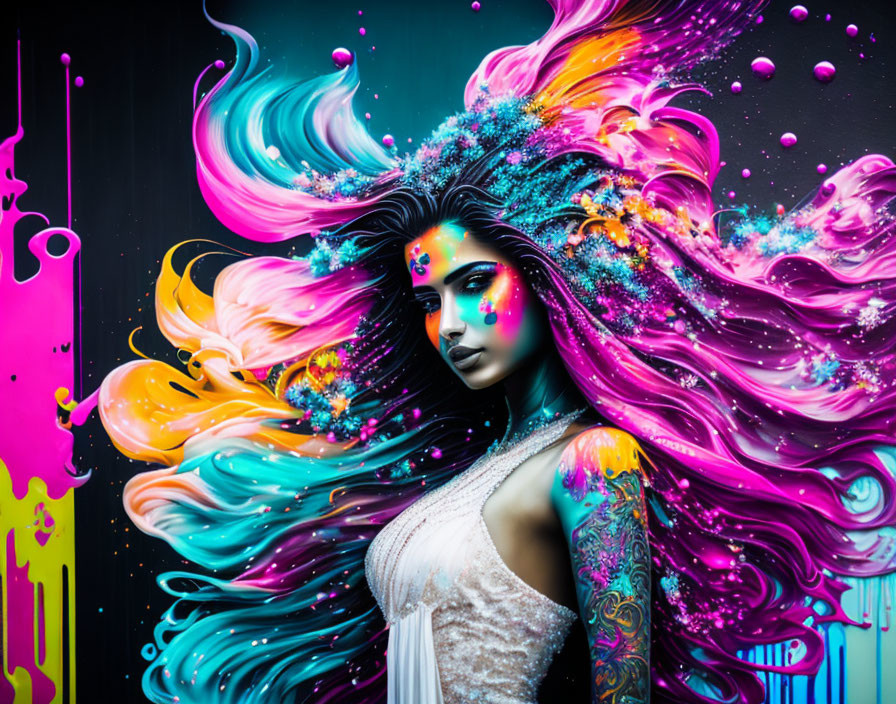 Colorful digital artwork: Woman with flowing hair and abstract paint splashes