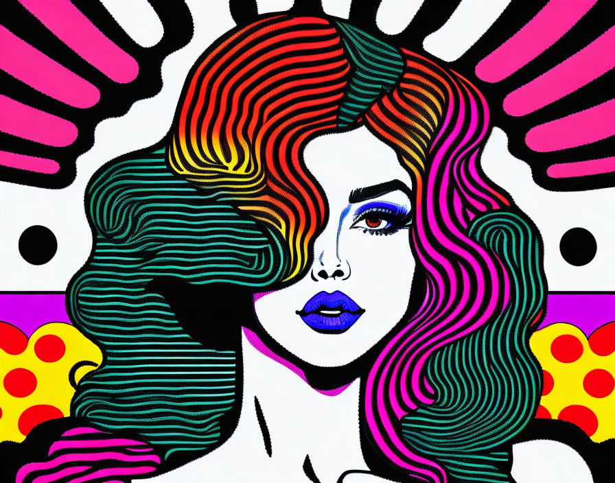 Colorful pop art style illustration of woman with flowing hair and bold patterns