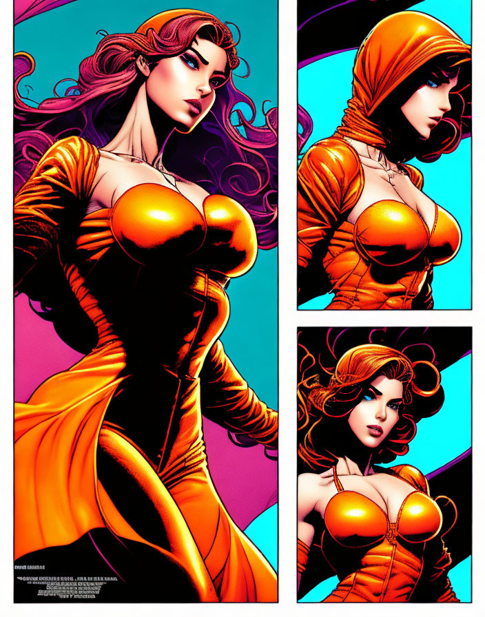 Comic-style illustration: Woman with red hair in orange costume in three poses on pink and blue background