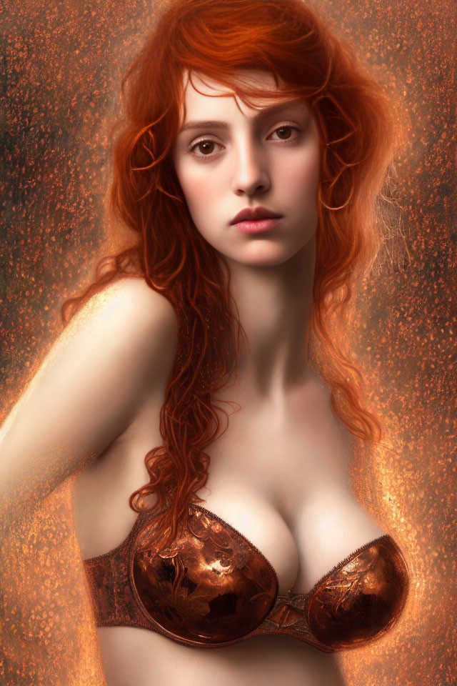 Red-haired woman in copper bra, fair skin, intricate patterns