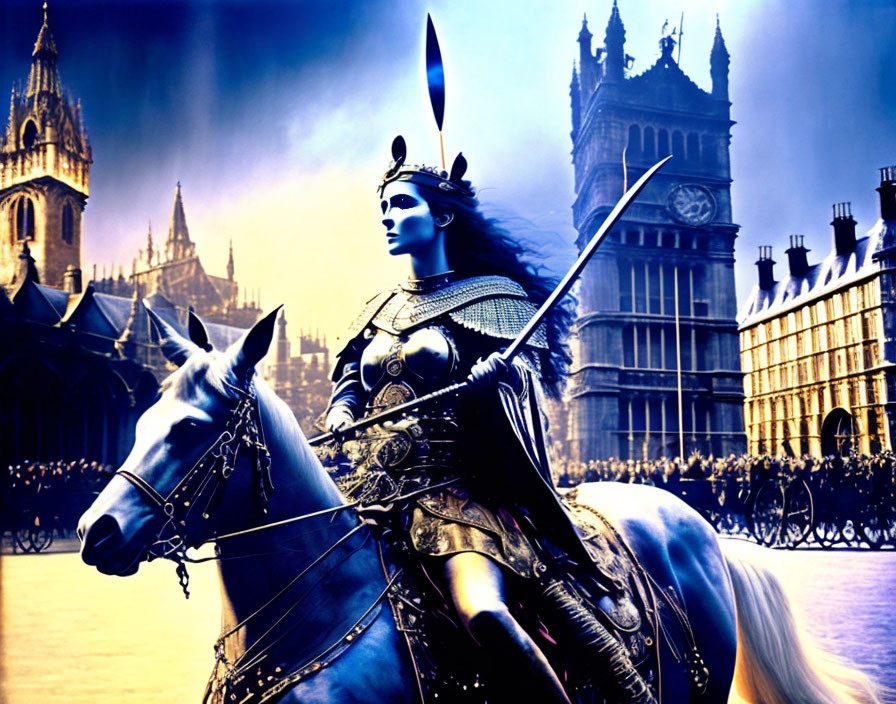 Armored warrior on horse with spear against Big Ben backdrop