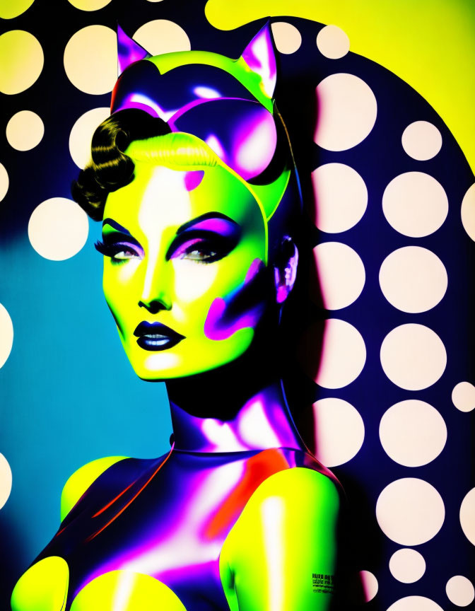 Vibrant neon colors in stylized portrait with cat-like makeup