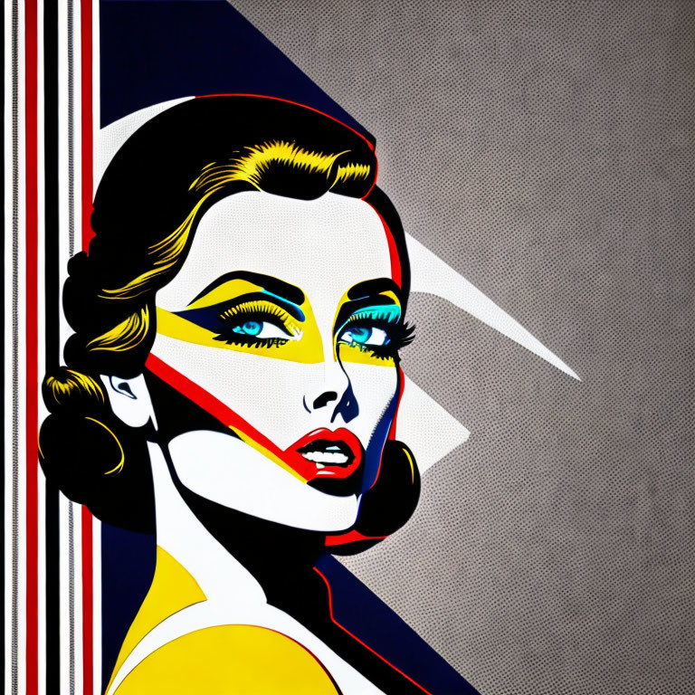 Colorful pop art illustration of woman's face with Union Jack backdrop