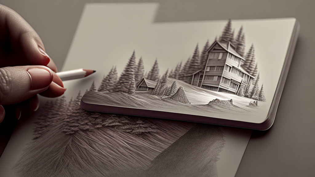 Hand-drawn 3D cabin sketch on notepad with pencil