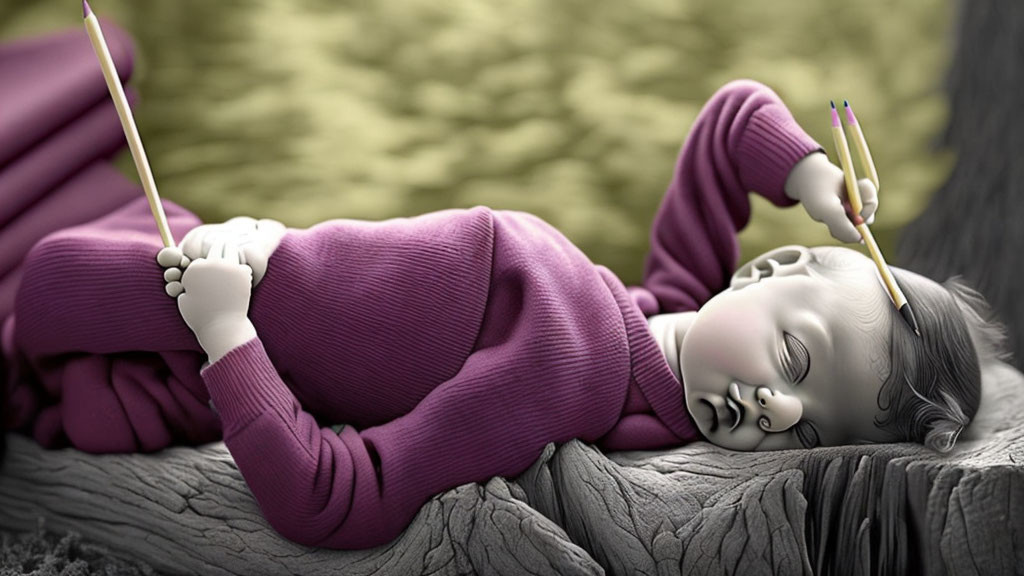 Serene sleeping child holding a paintbrush on textured surface