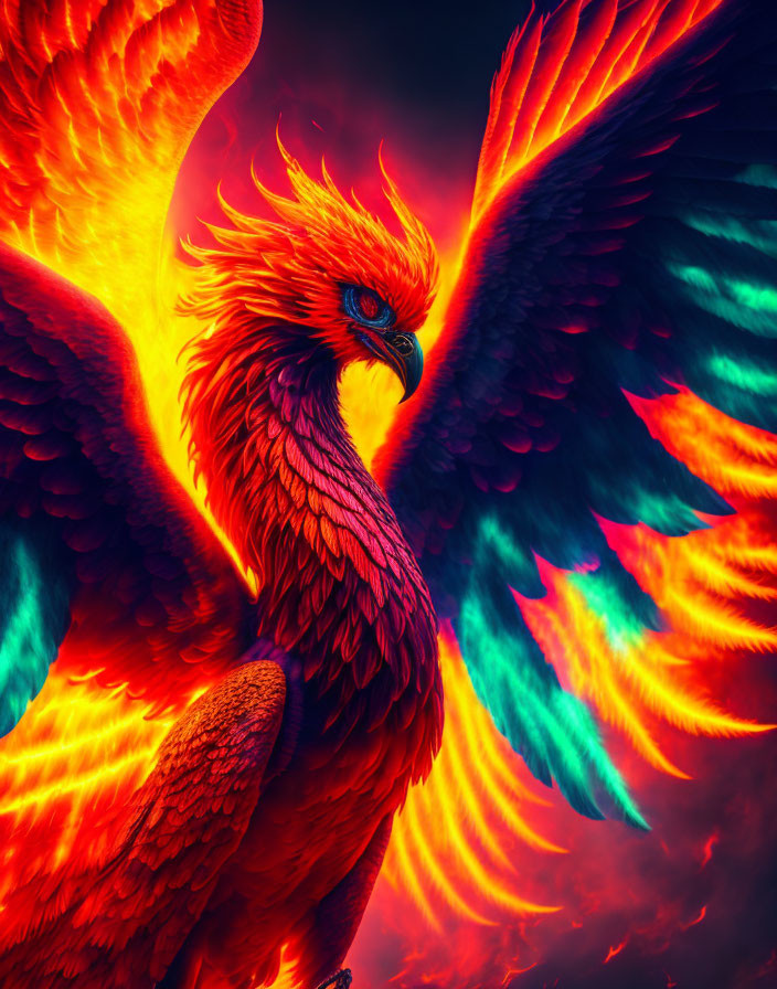 Vivid Phoenix Digital Artwork with Fiery Wings in Red, Orange, and Blue