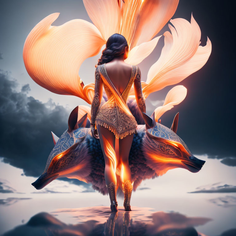 Woman in ornate dress with fiery foxes and surreal backdrop.