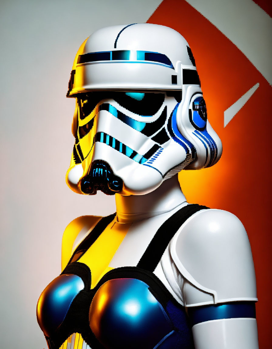 Stylized portrait of a person in Stormtrooper helmet with blue and white colors on red geometric