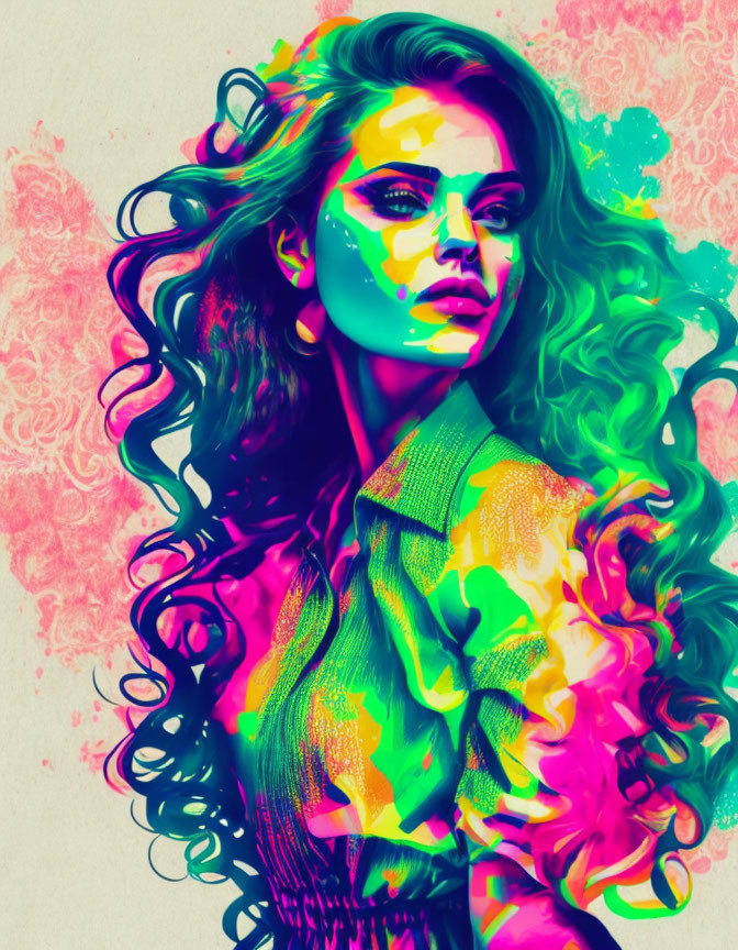 Vibrant neon digital artwork of woman with flowing hair and colorful paint overlay