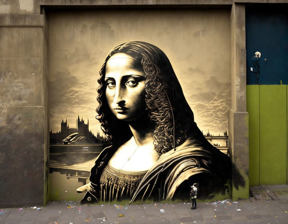 Urban street art mural featuring Mona Lisa with observer and confetti.