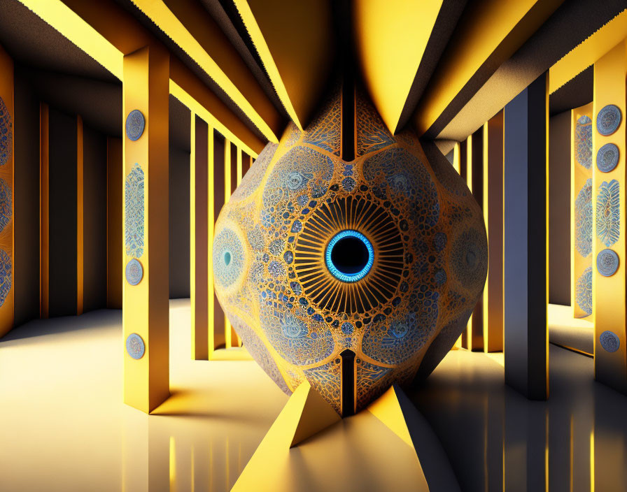 Colorful 3D digital art: blue and gold orb in corridor with yellow beams