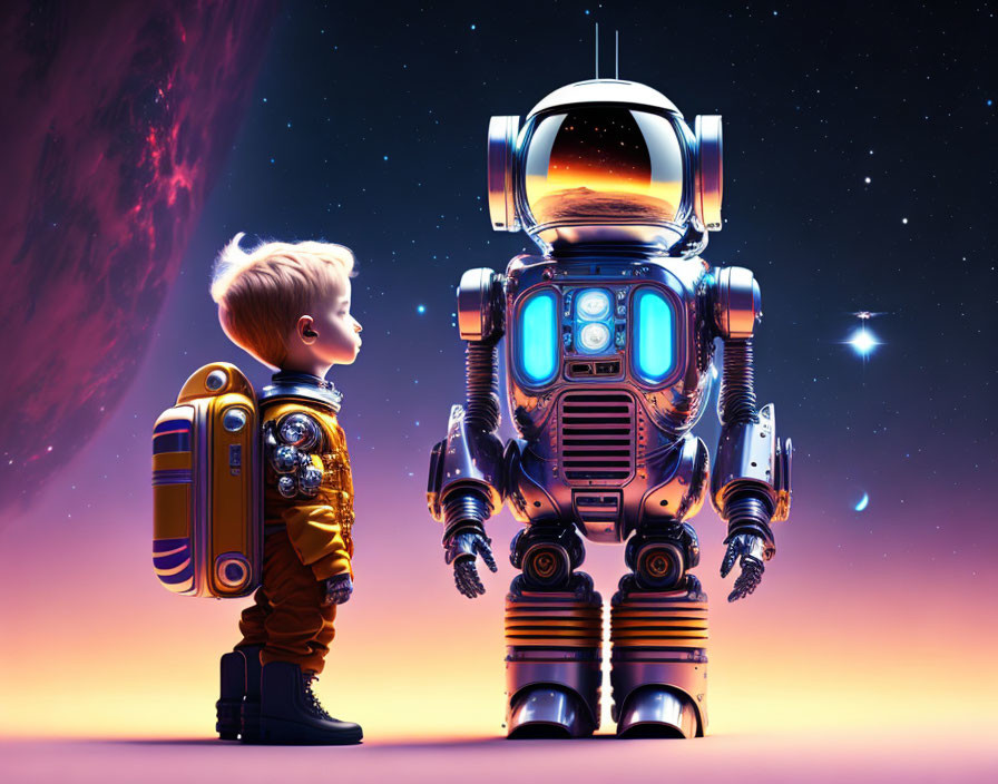 Young boy astronaut with futuristic robot under starry sky & purple nebula