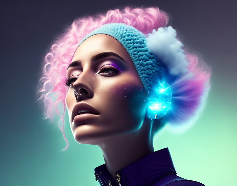 Digital artwork: Woman with cloud and pink hair, blue beanie, purple jacket, and glowing e