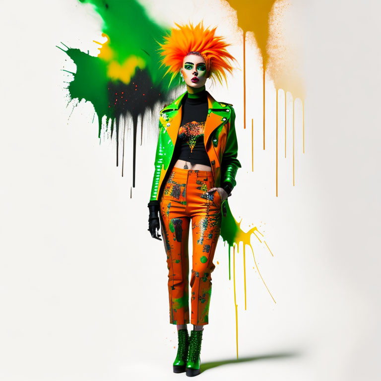 Exaggerated punk makeup and attire on person against white background with green and yellow paint splatters.