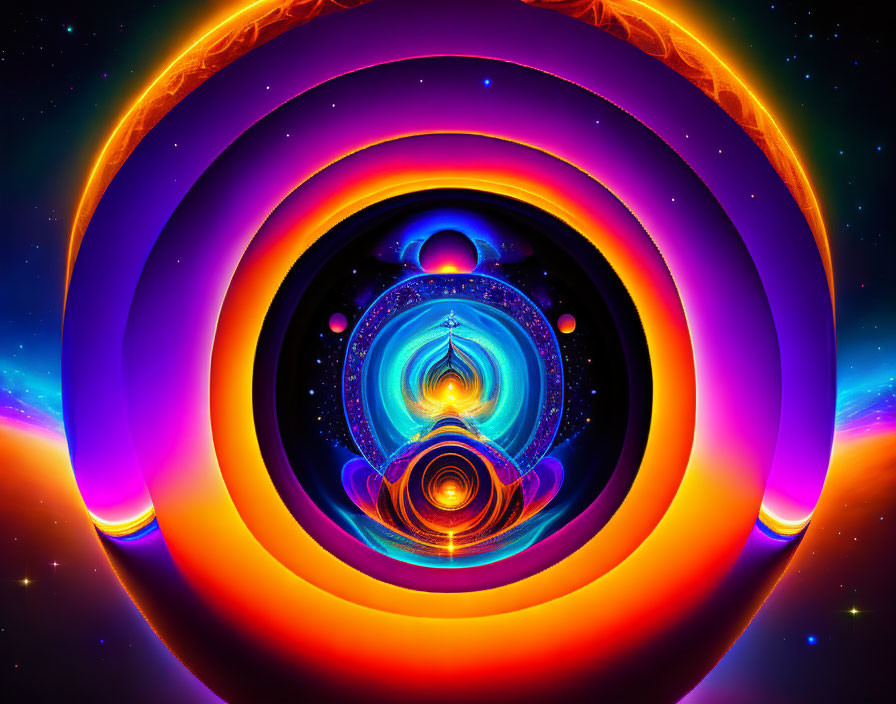 Colorful concentric circles on cosmic background in warm to cool hues