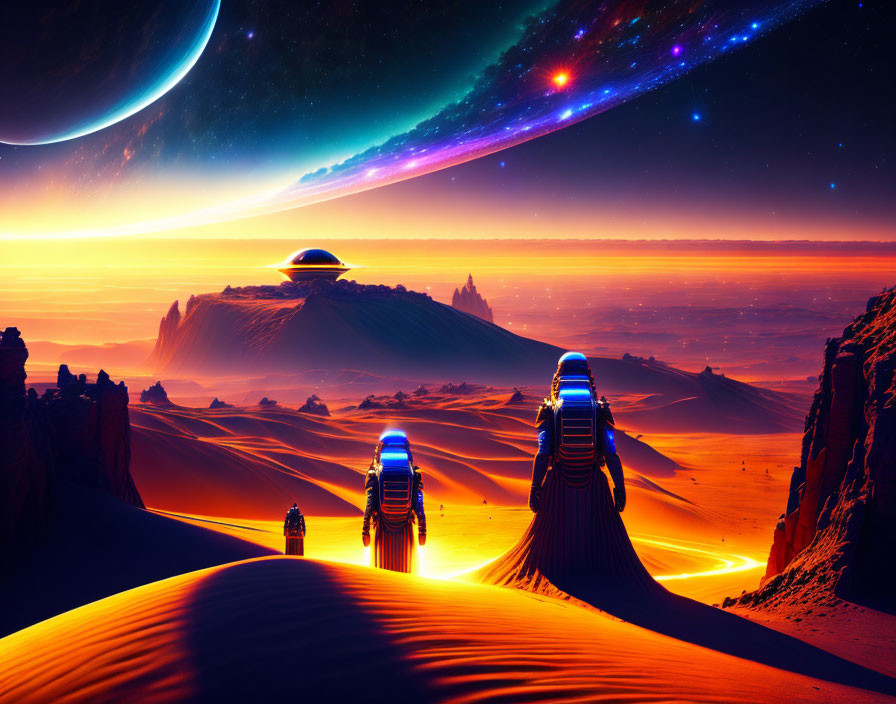 Sci-fi landscape with spaceships on desert terrain and cosmic sky