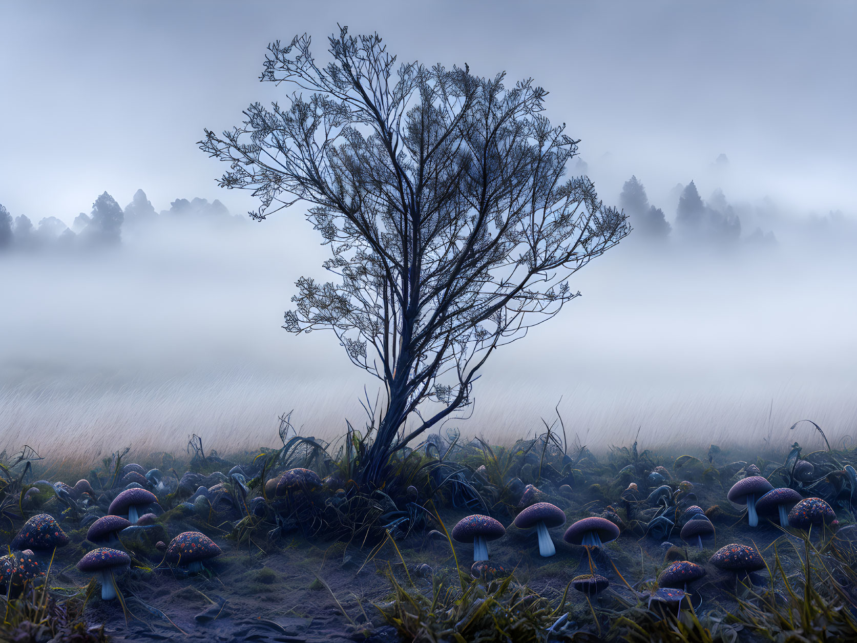 Leafless Tree in Misty Landscape with Colorful Mushrooms