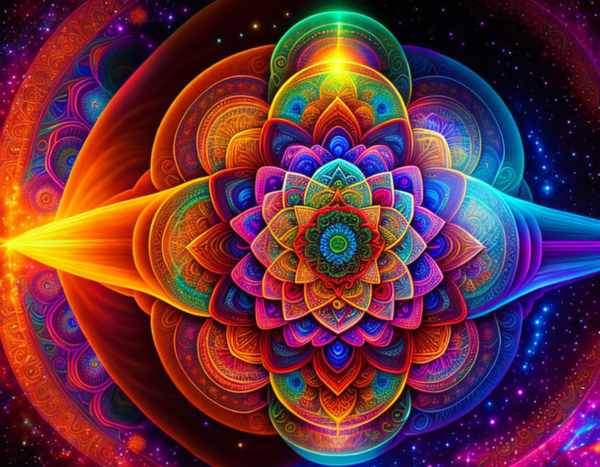 Symmetrical multicolored mandala on cosmic starry backdrop