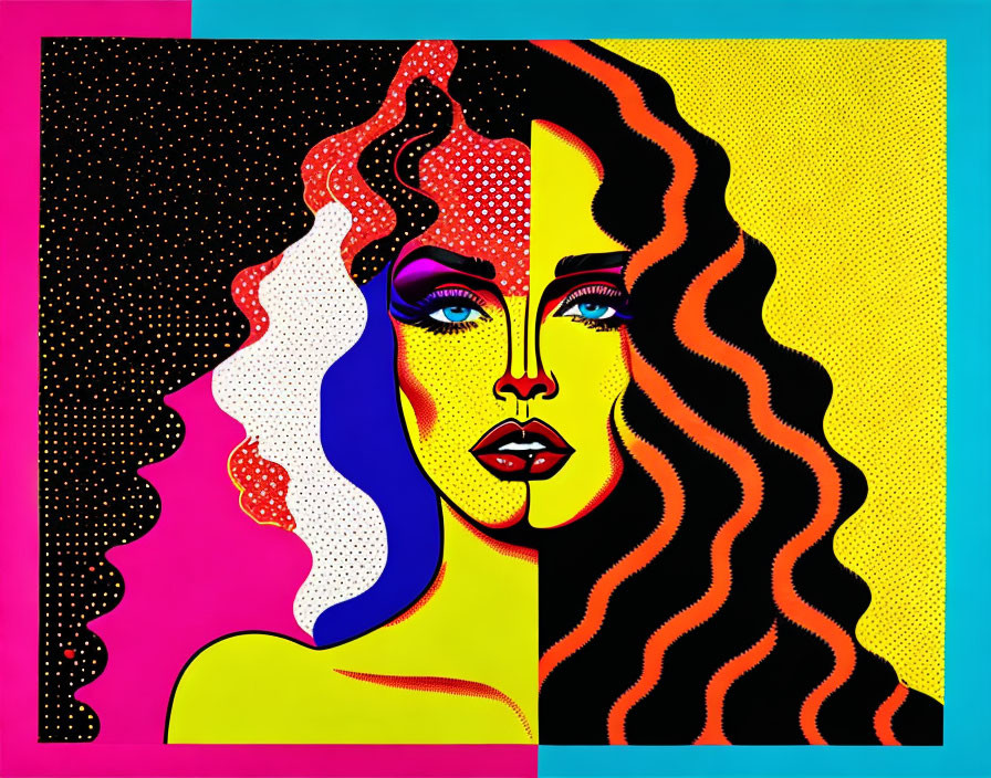 Colorful Pop Art Style Woman's Face Illustration Split in Half