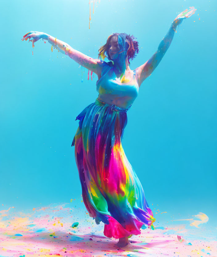 Vibrant multicolored paint dancer with arms outstretched