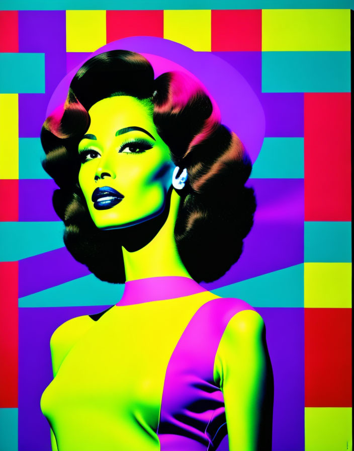 Vibrant pop art portrait of woman with stylized hair and colorful background