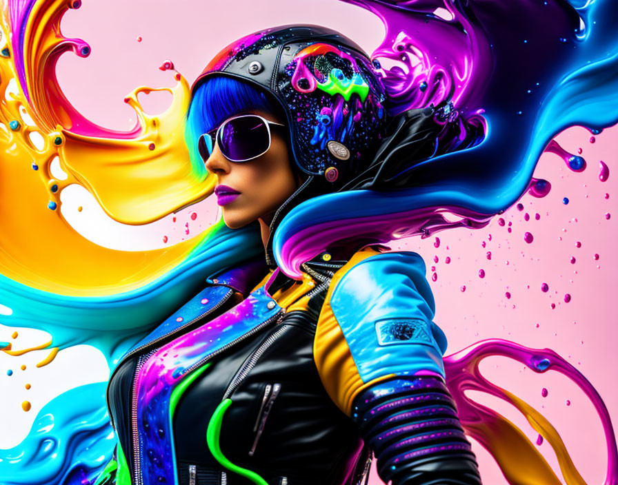 Colorful digital artwork: Woman with blue hair in helmet and jacket, vibrant liquid swirls.