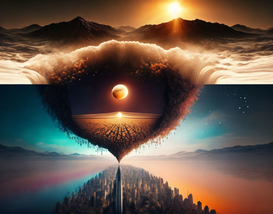 Cityscape merging into celestial scene at sunset with planet, framed by heart-shaped mountain break