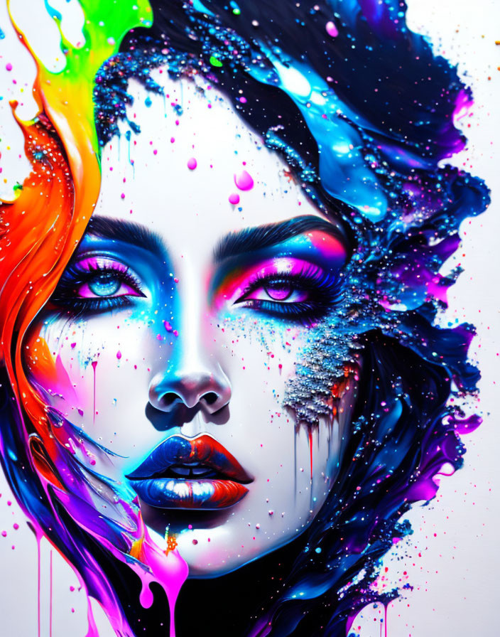 Colorful liquid-like streaks blend with woman's features in vibrant portrait