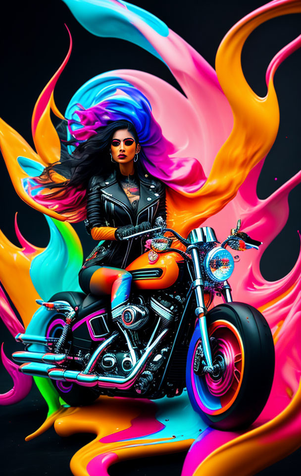 Fashionable woman in leather jacket on classic motorcycle in vibrant neon backdrop