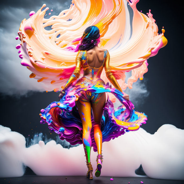 Colorful body paint design woman leaping with swirling paint splashes