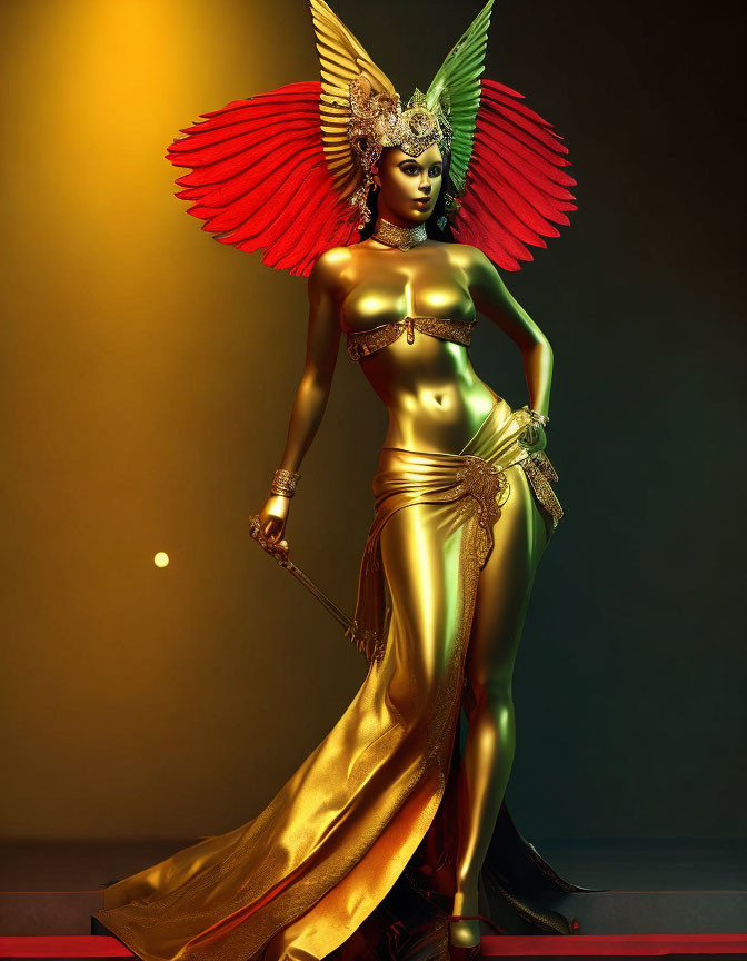 Golden humanoid figure with red wings and headdress in elegant pose on gradient background