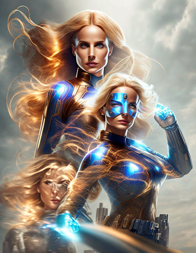 Stylized superheroines in blue and gold suits against cloudy sky