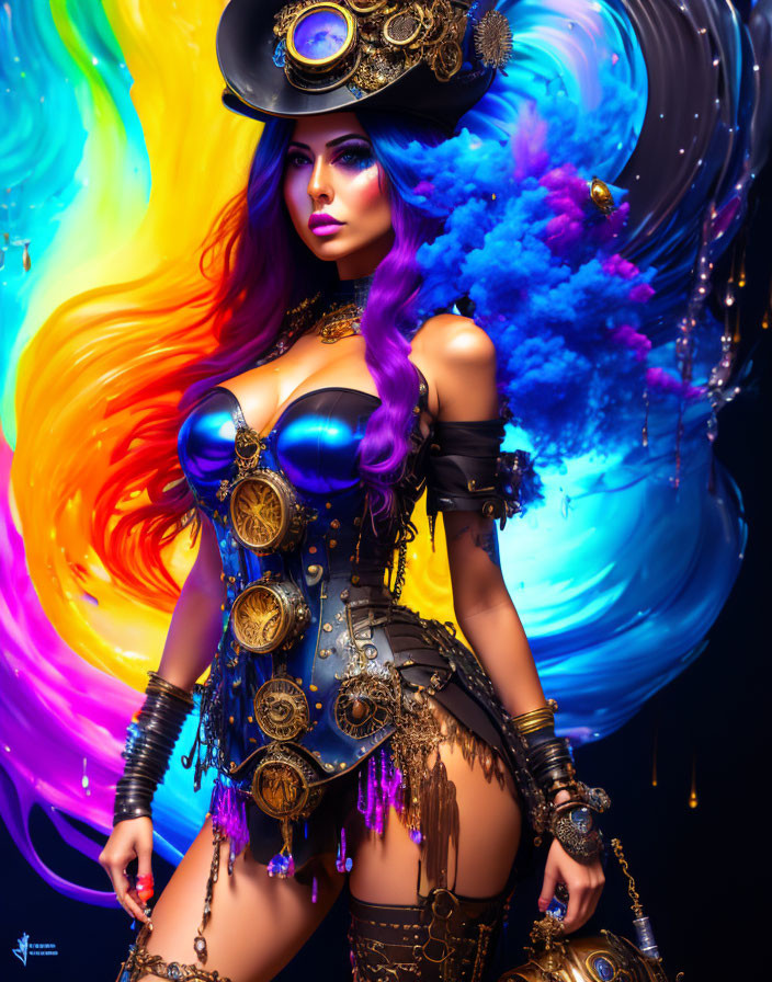 Steampunk-Inspired Woman in Top Hat Against Rainbow Background