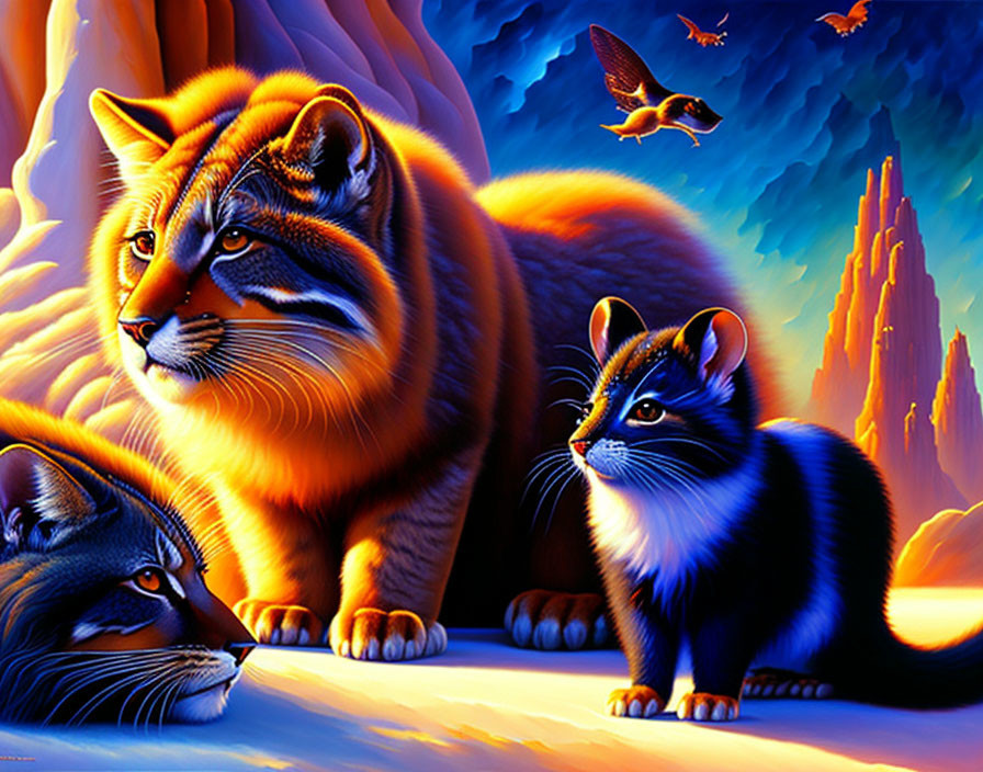 Vibrant illustration of three stylized cats in surreal landscape