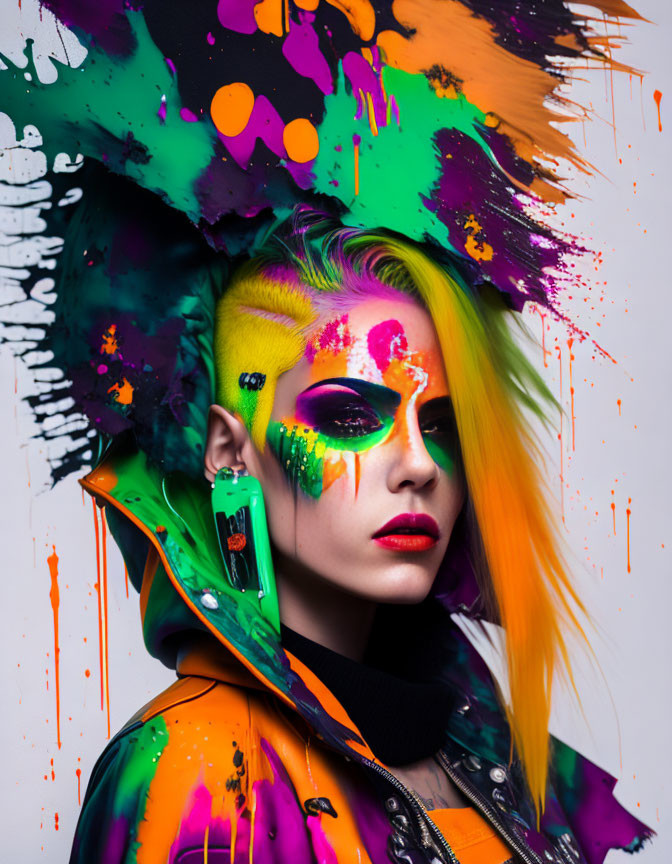 Colorful portrait with vibrant makeup and paint splatter background in yellow, orange, green, and purple