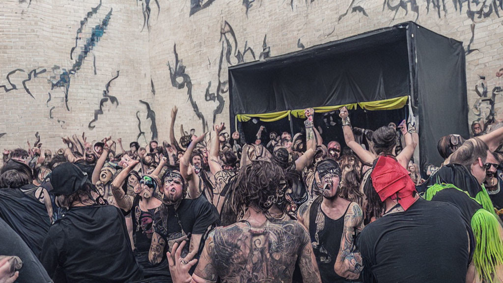 Crowd at Outdoor Concert with Tattoos and Raised Fists