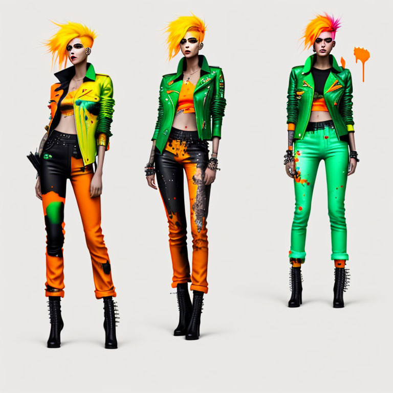 Colorful Punk-Inspired Model: Three Vibrant Poses with Mohawk, Orange & Green