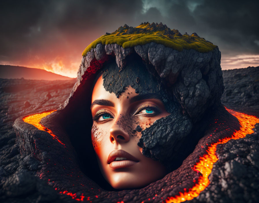 Digital artwork: Woman's face in lava with fiery cloak, ash textures, dramatic sky